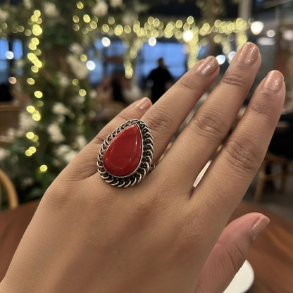 Teardrop Natural Red Stone Ring with Oxidised Silver Finish