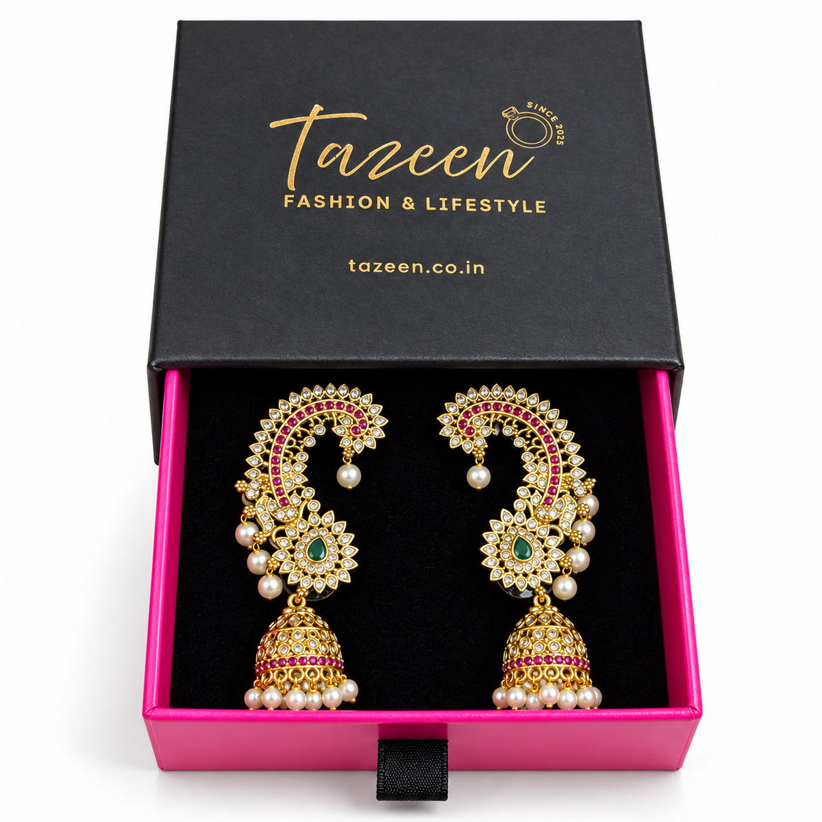 AD Stone Ear Cuff Jhumka Earrings with Single Green Stone and Multiple Rani Pink Stones