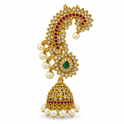 AD Stone Ear Cuff Jhumka Earrings with Single Green Stone and Multiple Rani Pink Stones