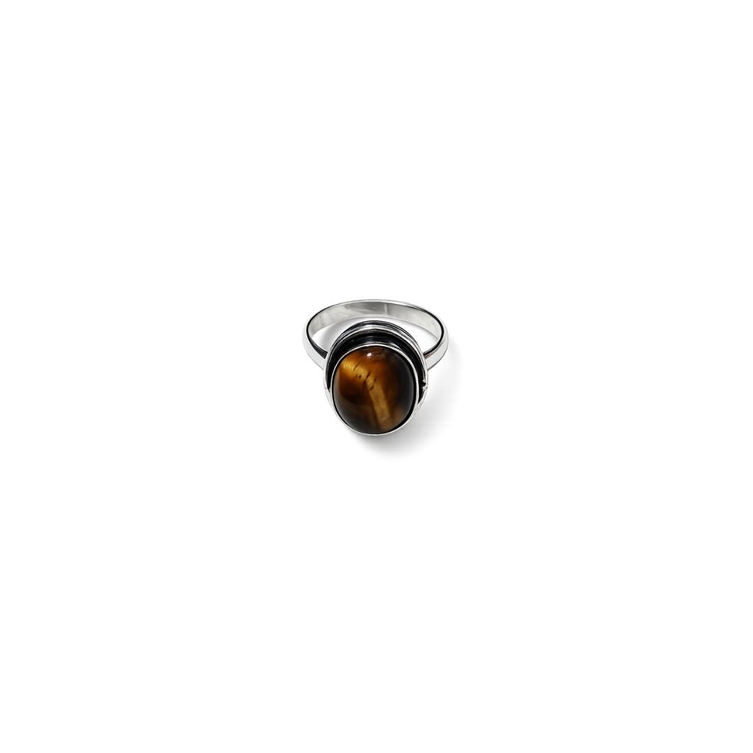 Tiger Eye Oval Gemstone Ring in German Silver-Tone Setting