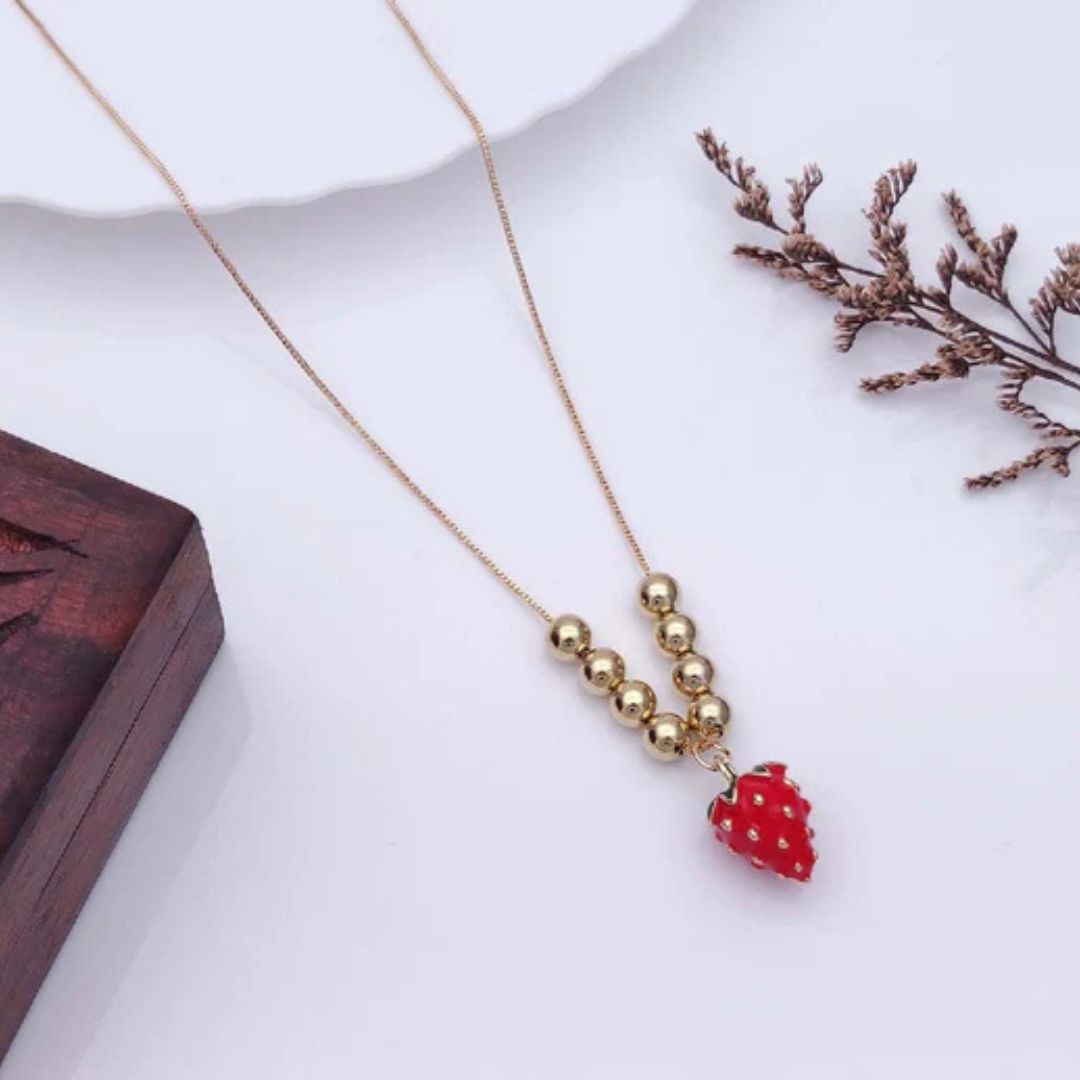 Minimal Gold Chain Strawberry Pendant Necklace