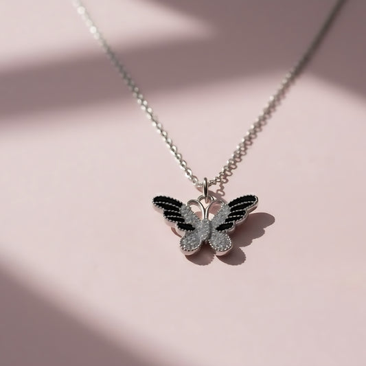 Silver Butterfly Pendant Necklace – Black & White Enamel