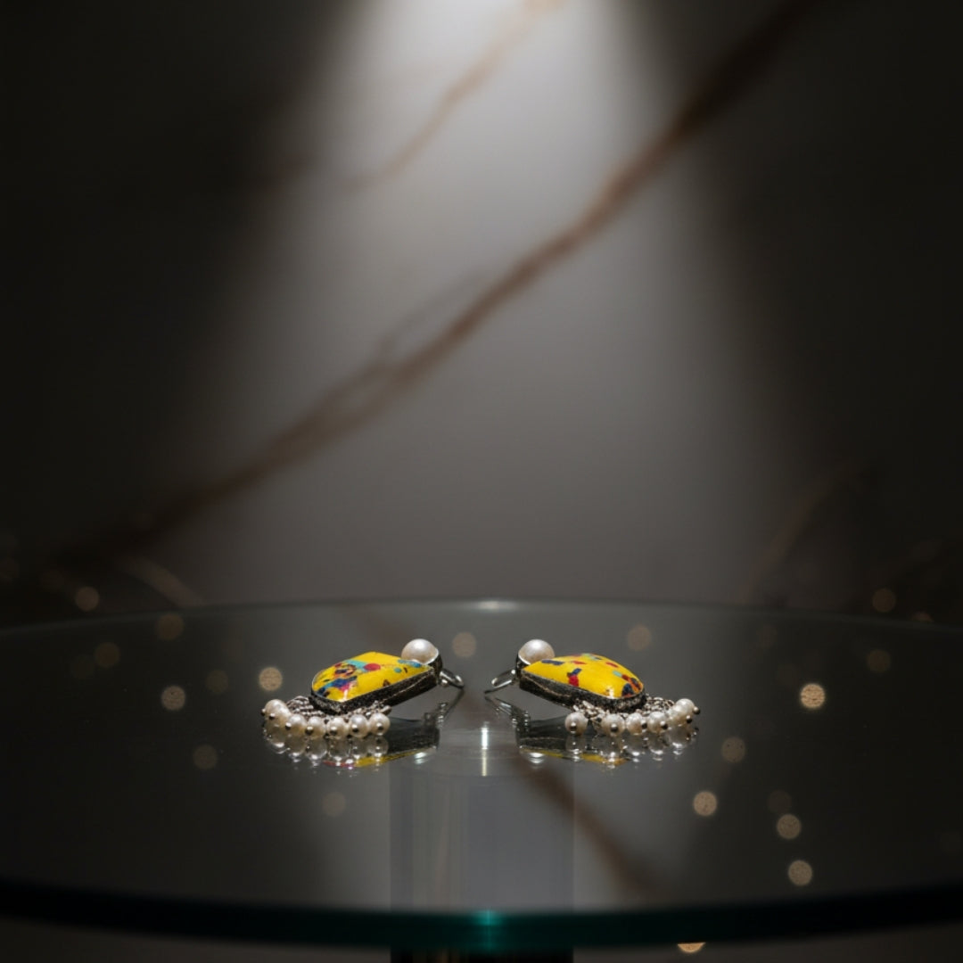 Oxidized Abstract Yellow Stone & Pearl Danglers