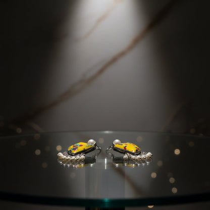 Oxidized Abstract Yellow Stone & Pearl Danglers