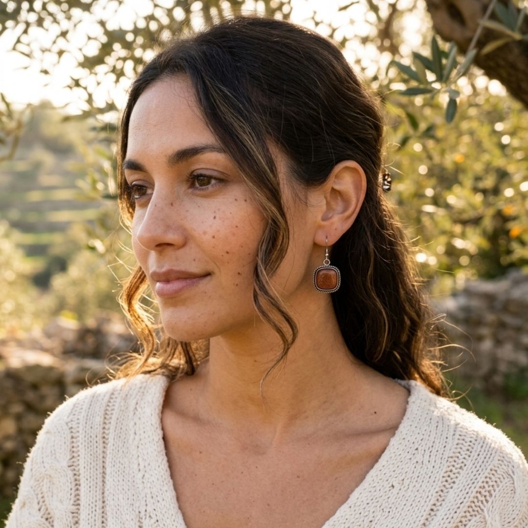 German Oxidized Silver Square Brown Stone Drop Earrings