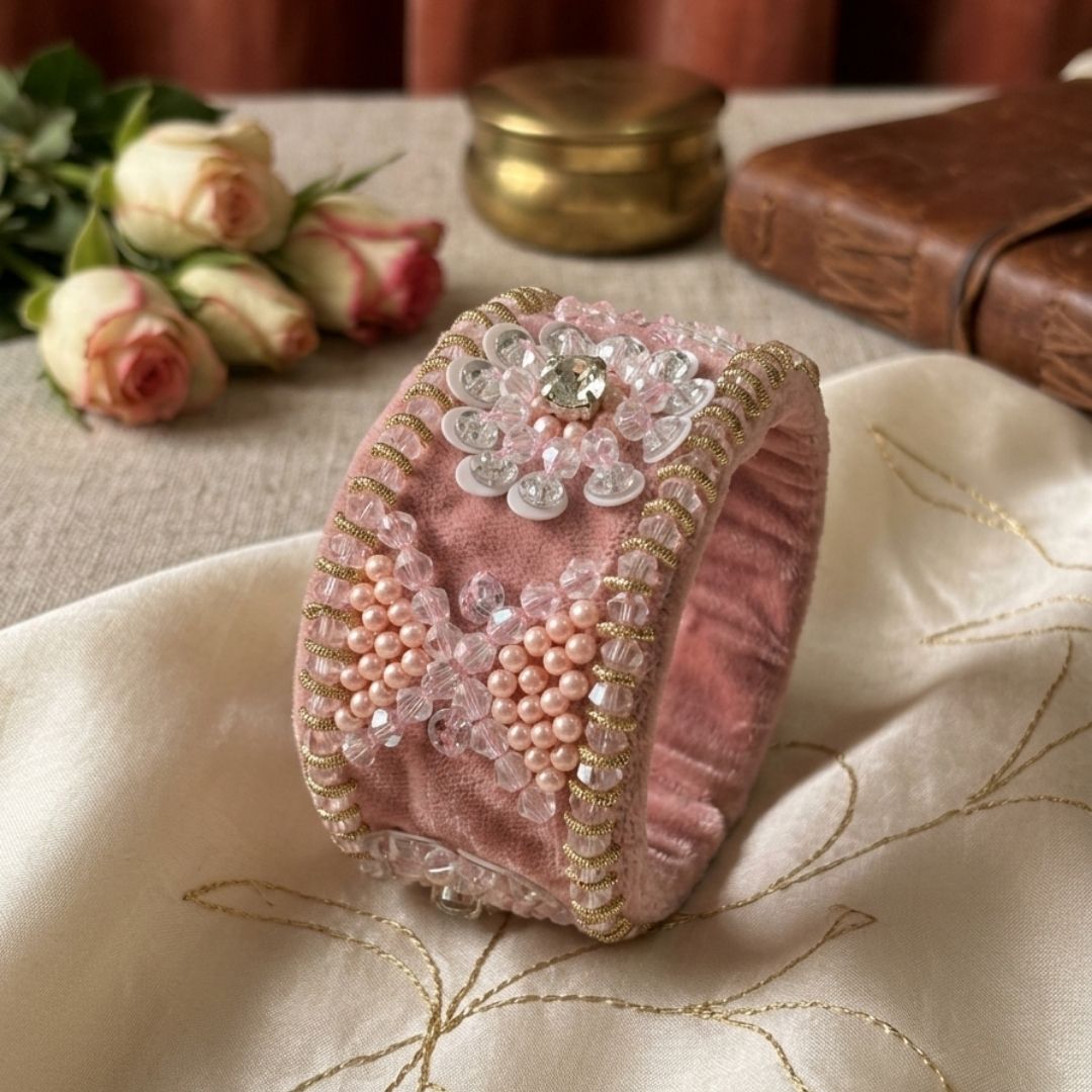 Handmade Adjustable Floral Beaded Velvet Cuff Bracelet – Blush Pink