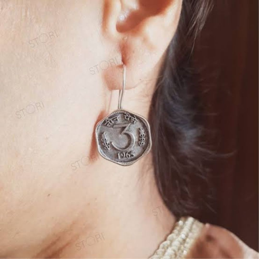 German Silver 3 Paisa Coin Earrings | Vintage Oxidized Ethnic Statement Jewelry