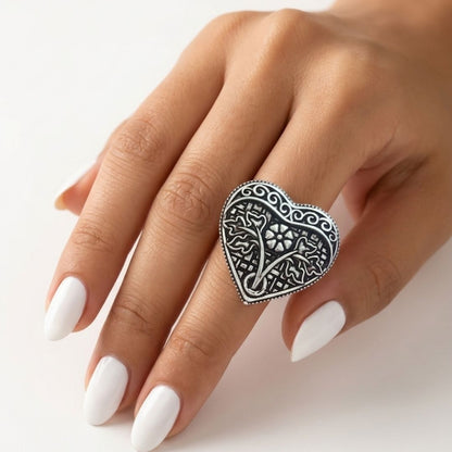 Oxidized German Silver Heart-Shaped Engraved Statement Ring