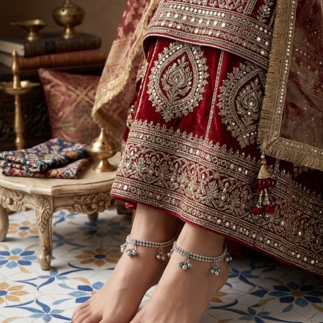 Traditional Oxidized Silver Charm Anklet for Women