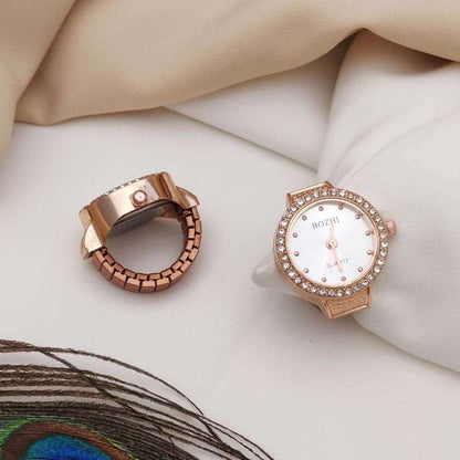Rose Gold Crystal Finger Watch | Elegant Adjustable Ring Timepiece