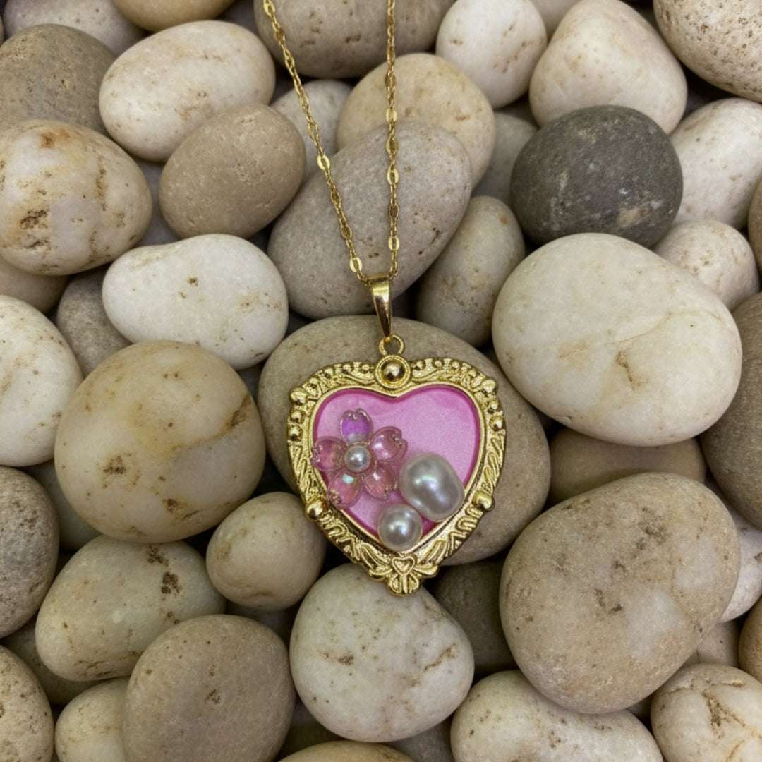 Gold Heart Pendant Necklace with Pearls