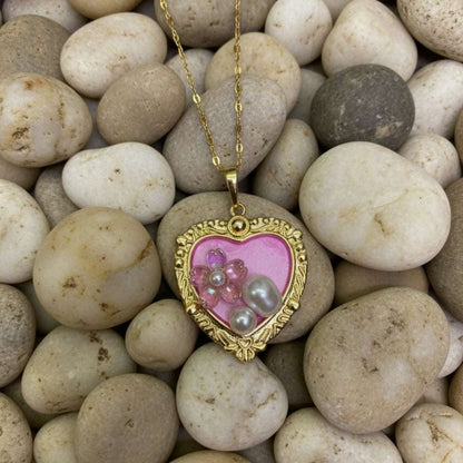 Gold Heart Pendant Necklace with Pearls