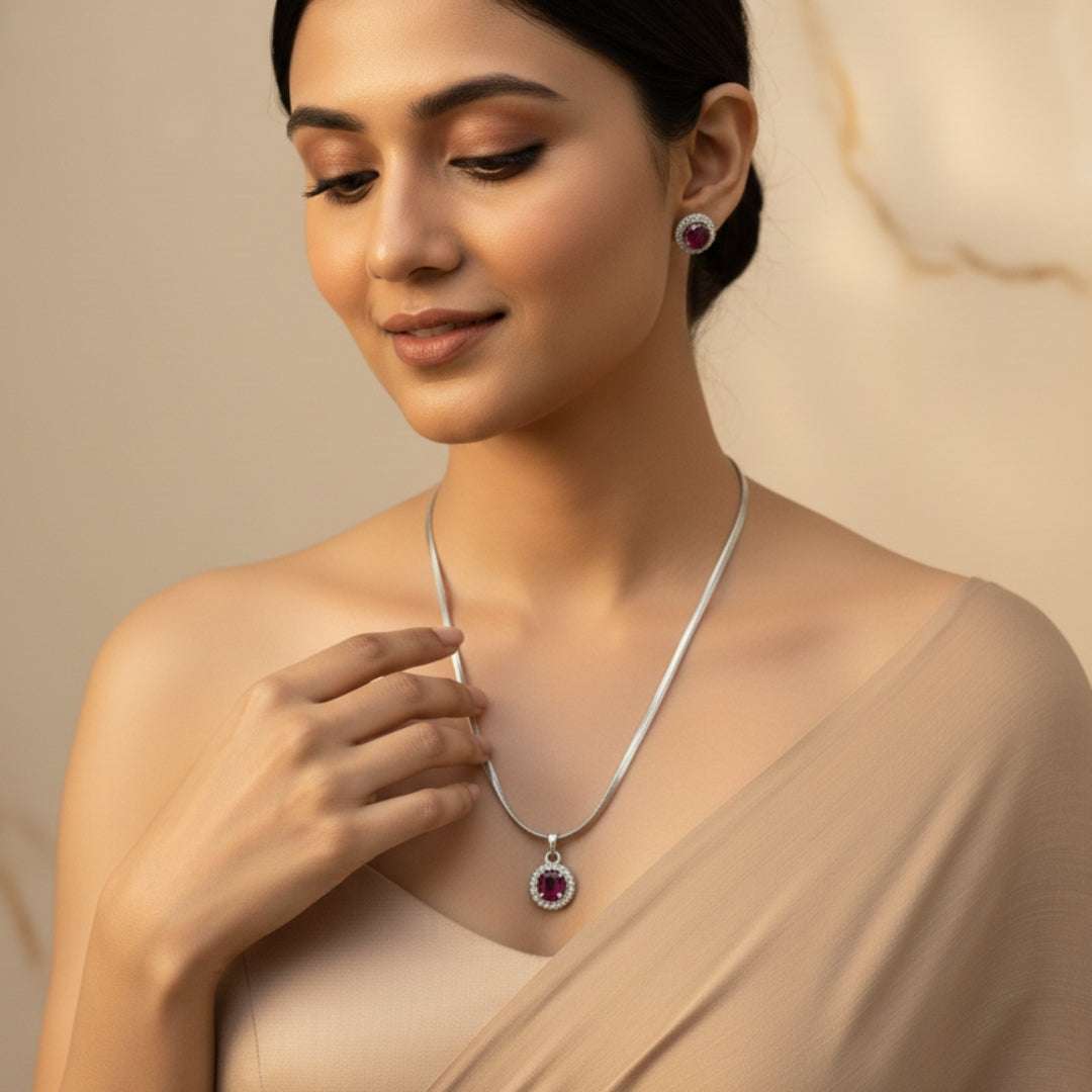 Ruby American Diamond Pendant Necklace