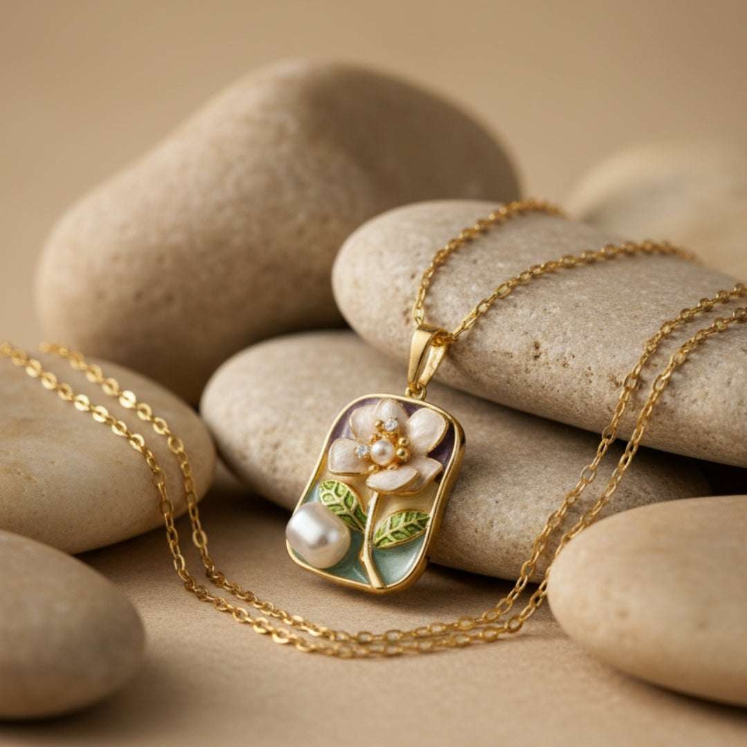 Gold Floral Enamel Pendant Necklace