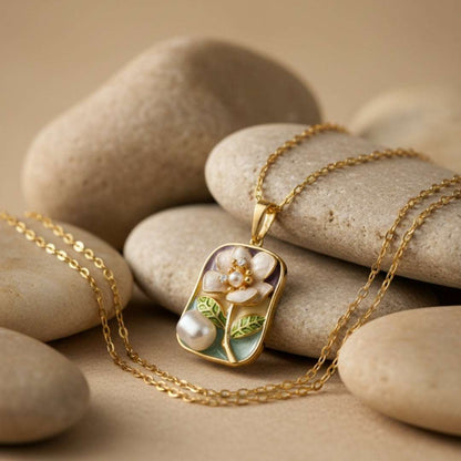 Gold Floral Enamel Pendant Necklace