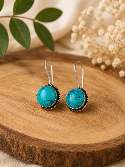 Handcrafted Turquoise Stone Silver-Tone Dangle Earrings