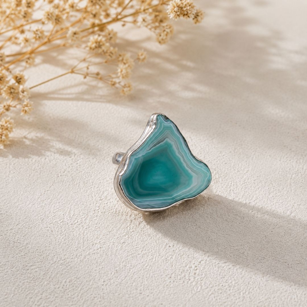 Green Agate Slice Statement Ring – Natural Stone Silver Ring