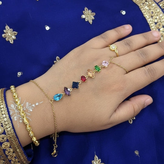 Luxury Gold Hand Chain with Rainbow-Cut Stones
