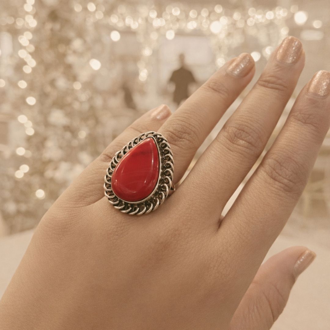 Teardrop Natural Red Stone Ring with Oxidised Silver Finish
