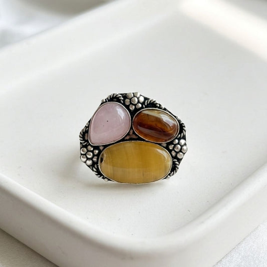 Vintage Bohemian Multi-Stone Statement Ring in Oxidized Silver