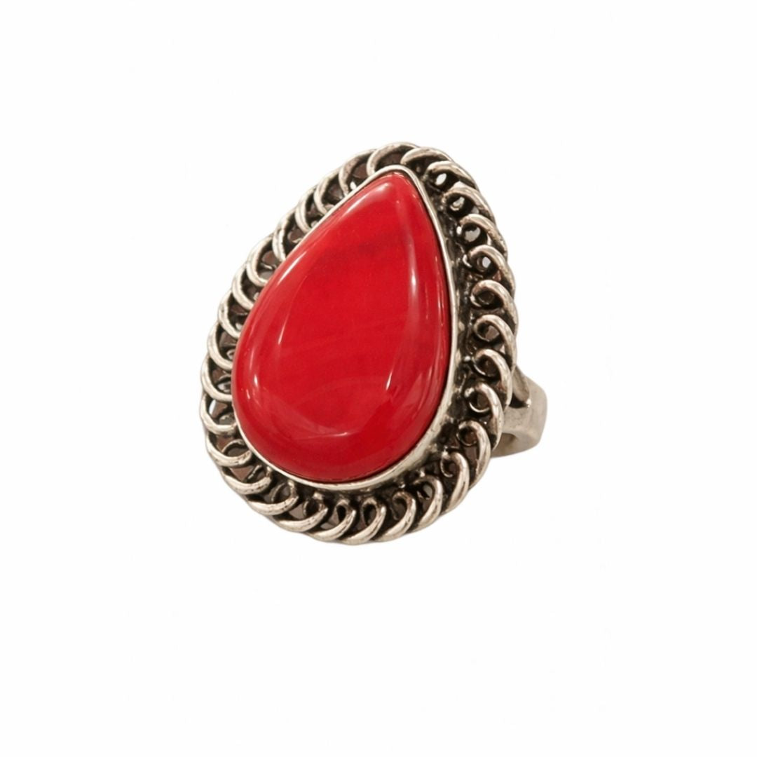 Teardrop Natural Red Stone Ring with Oxidised Silver Finish