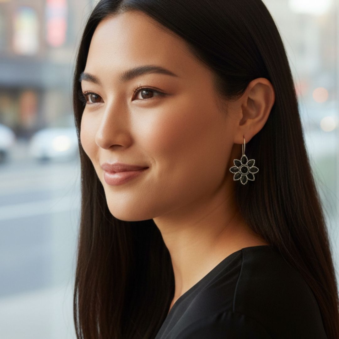 Oxidised Silver Floral Drop Earrings with Black Stone Detailing