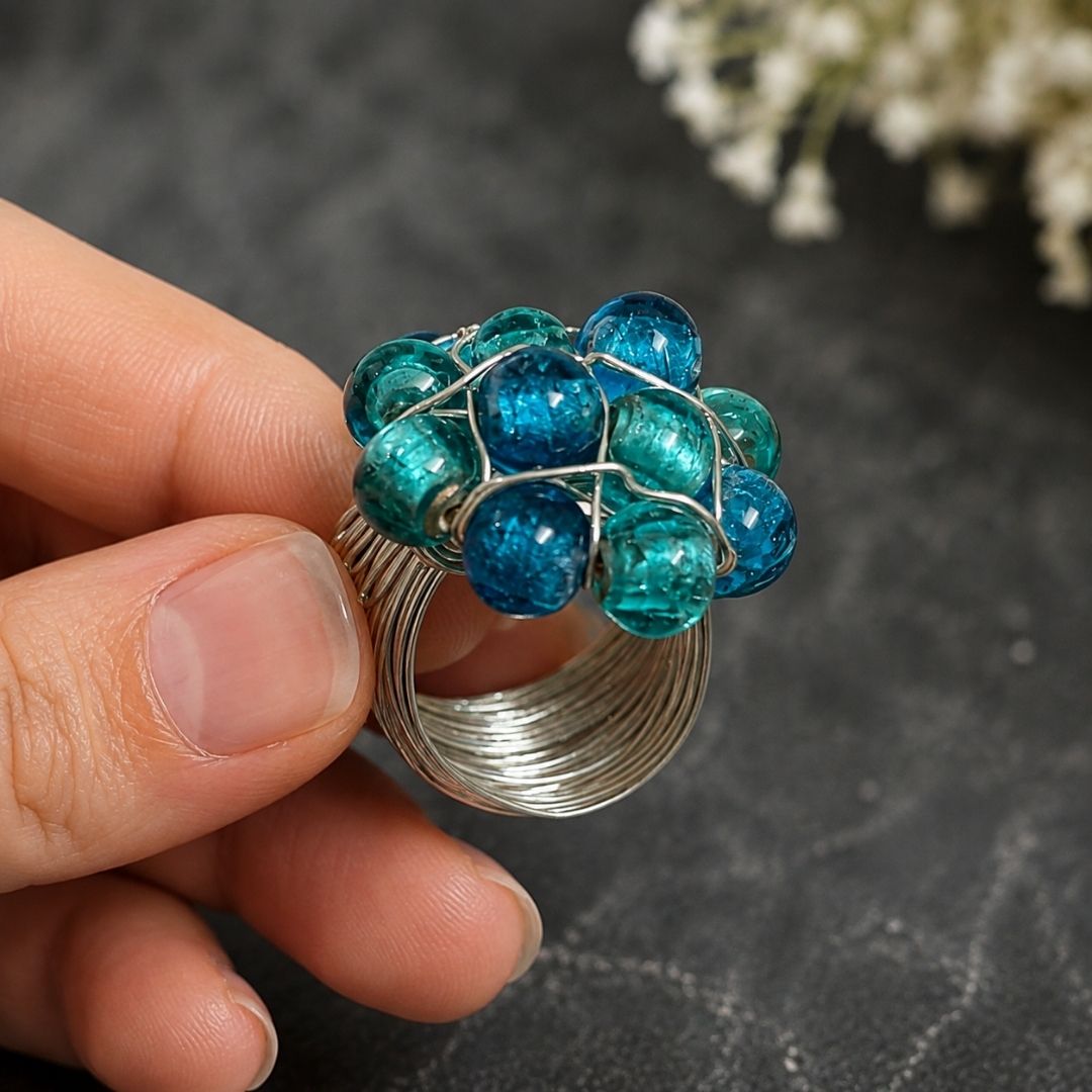 Handmade Blue & Teal Beaded Wire Wrap Statement Ring