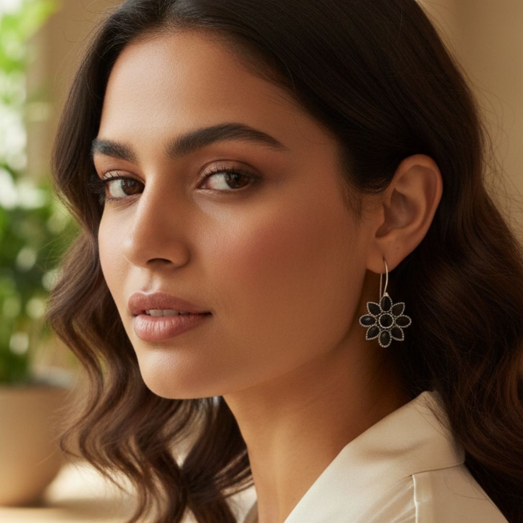 Oxidised Silver Floral Drop Earrings with Black Stone Detailing