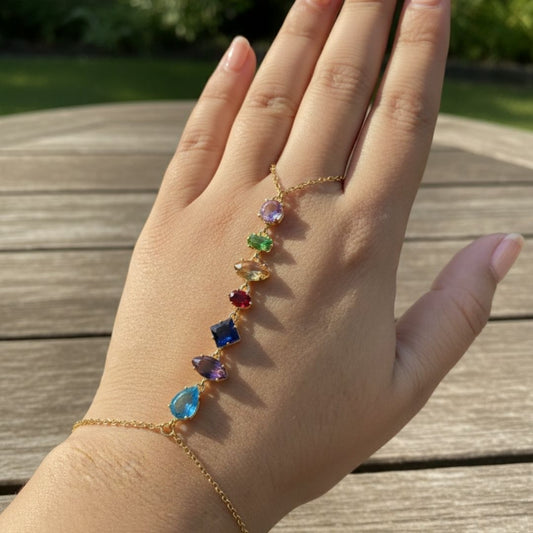 Luxury Gold Hand Chain with Rainbow-Cut Stones