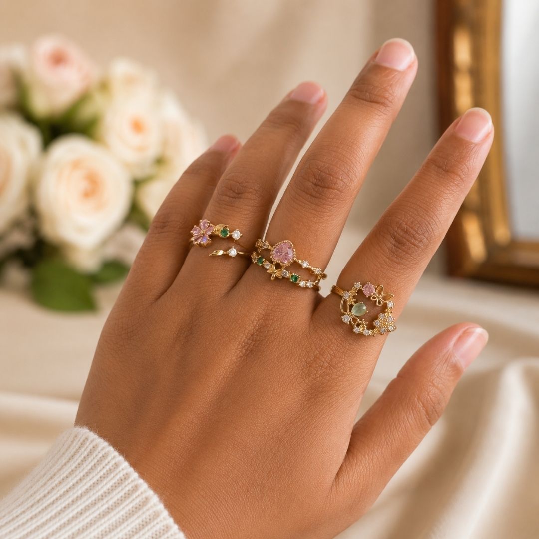 Elegant Adjustable Floral Open Ring – Gold-Tone with Pink & Green Crystal Accents