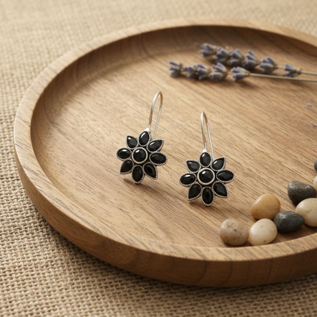 Oxidised Silver Floral Drop Earrings with Black Stone Detailing