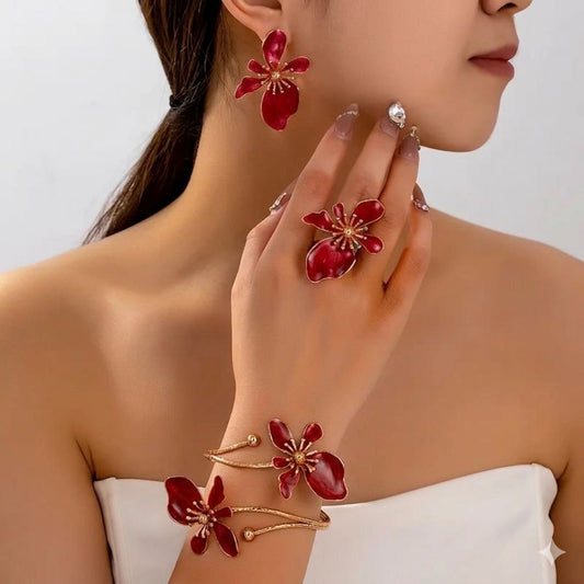 Elegant Red Floral Jewelry Set – Armlet, Ring & Statement Earrings