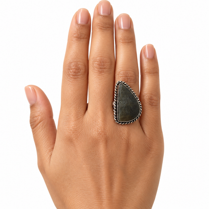 Raw Black Stone Statement Ring – Oxidized Silver-Tone Tribal Boho Jewelry