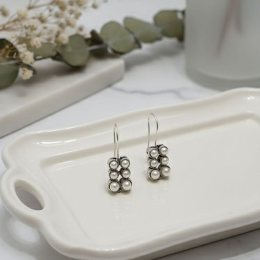 Oxidised Silver Pearl Cluster Drop Earrings