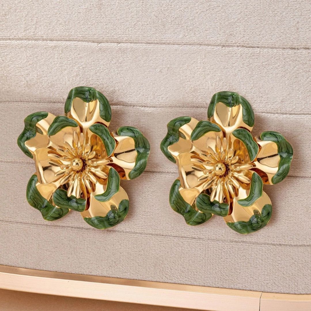 Elegant Gold & Green Floral Jewelry Set – Bracelet, Earrings & Ring Combo