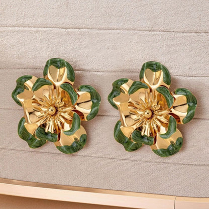 Elegant Gold & Green Floral Jewelry Set – Bracelet, Earrings & Ring Combo