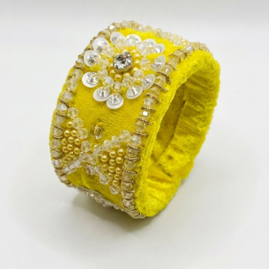 Handmade Adjustable Floral Beaded Velvet Cuff Bracelet – Sunshine Yellow