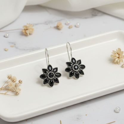 Oxidised Silver Floral Drop Earrings with Black Stone Detailing