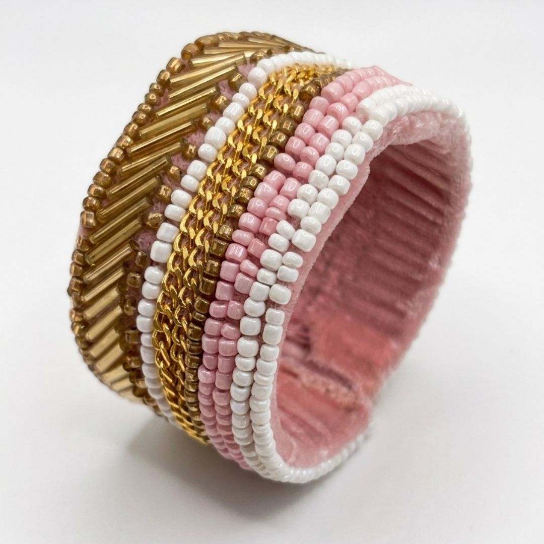 Handmade Gold & Pearl Beaded Cuff Bracelet – Elegant Velvet Statement Bangle