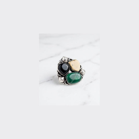 Statement Oxidised Silver Adjustable Ring with Multi-Stone Design