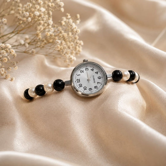 Black & White Bead Bracelet Watch – Elegant Monochrome Design