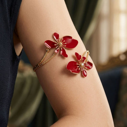 Elegant Red Floral Jewelry Set – Armlet, Ring & Statement Earrings