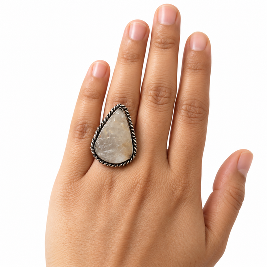 Natural Quartz Stone Oxidized Silver Ring – Rustic Handmade Statement Jewelry