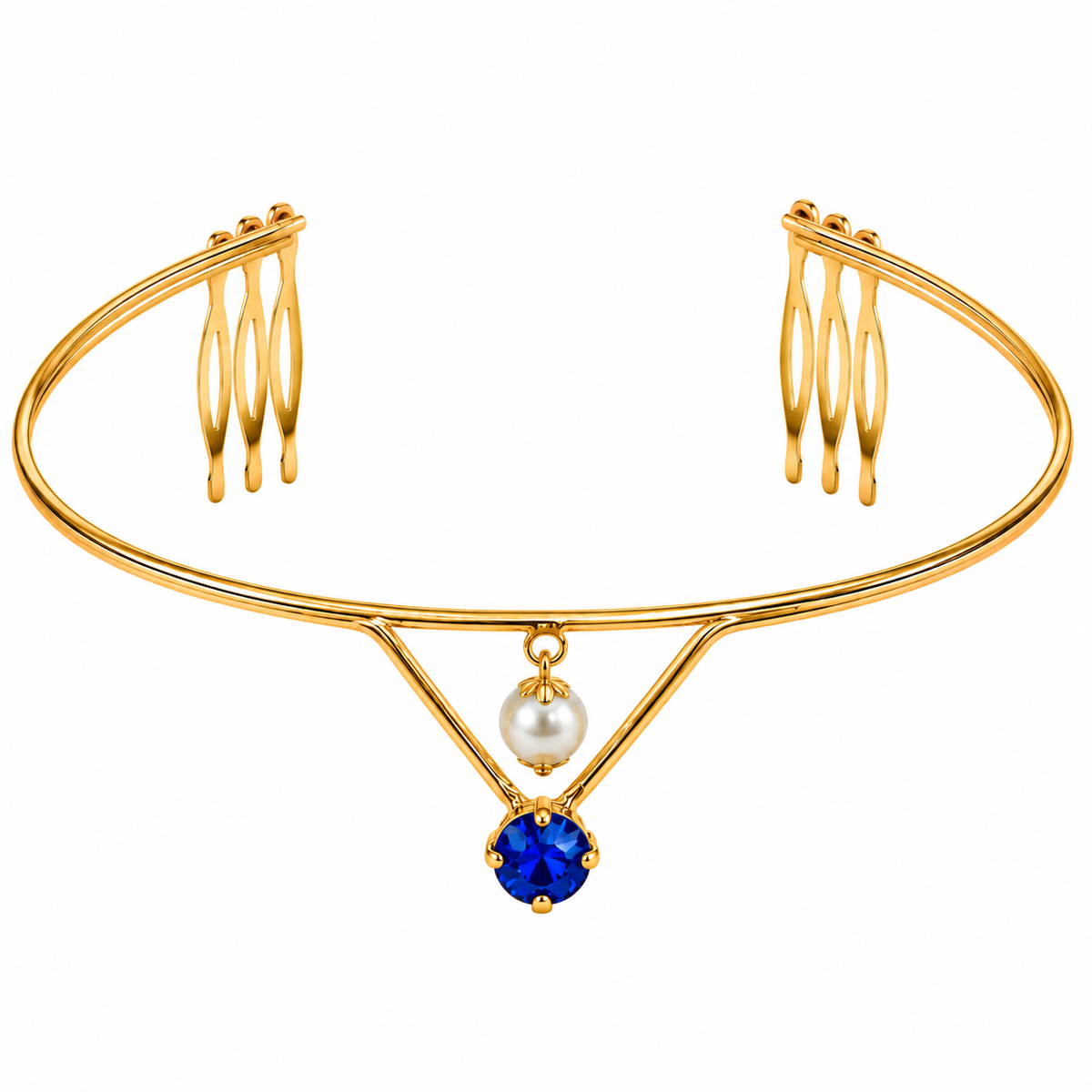 Gold-Plated Blue Stone Pearl Hairlet for Women