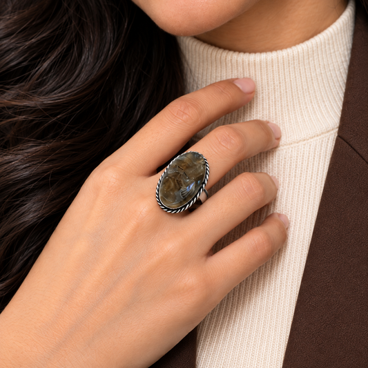 Oval Smoky Grey Druzy Statement Ring with Antique Silver-Tone Rope