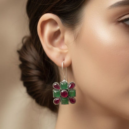 Oxidised Silver Square Drop Earrings with Green and Ruby-Tone Stones
