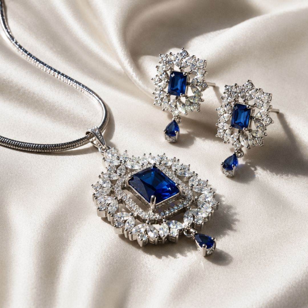 Royal Blue American Diamond Necklace Set