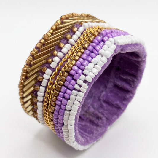 Lavender & Gold Beaded Statement Cuff Bracelet