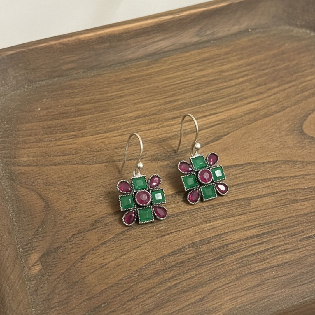 Oxidised Silver Square Drop Earrings with Green and Ruby-Tone Stones