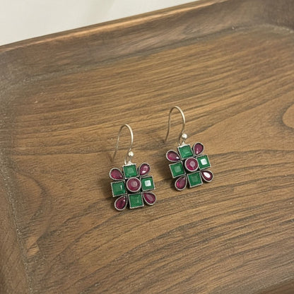 Oxidised Silver Square Drop Earrings with Green and Ruby-Tone Stones